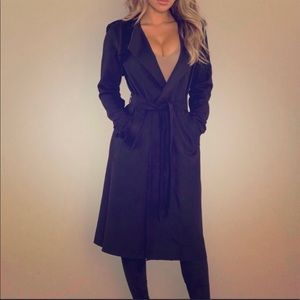 Faux suede stretch trench with belt and pockets